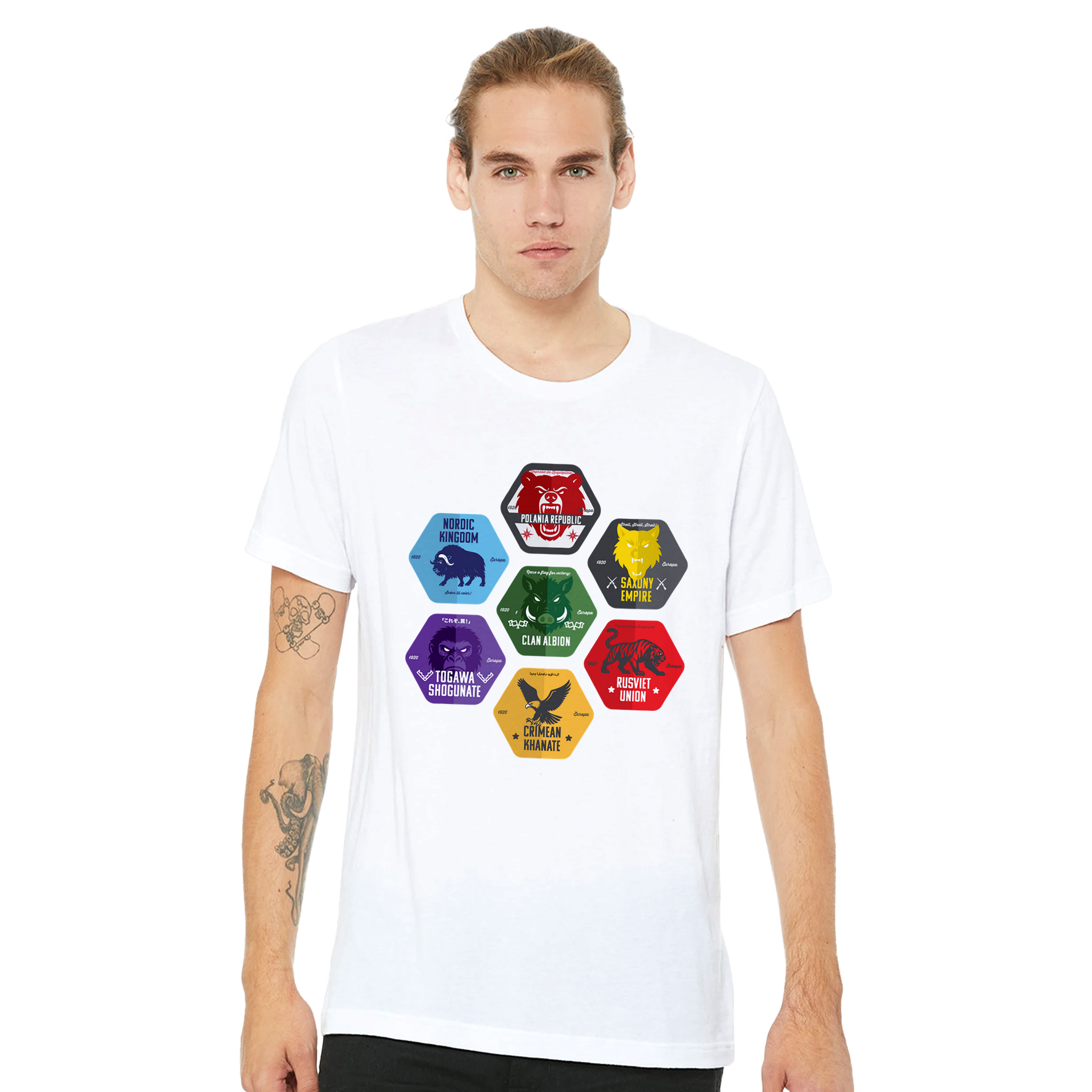 Scythe t-shirt showing all factions from the board game.