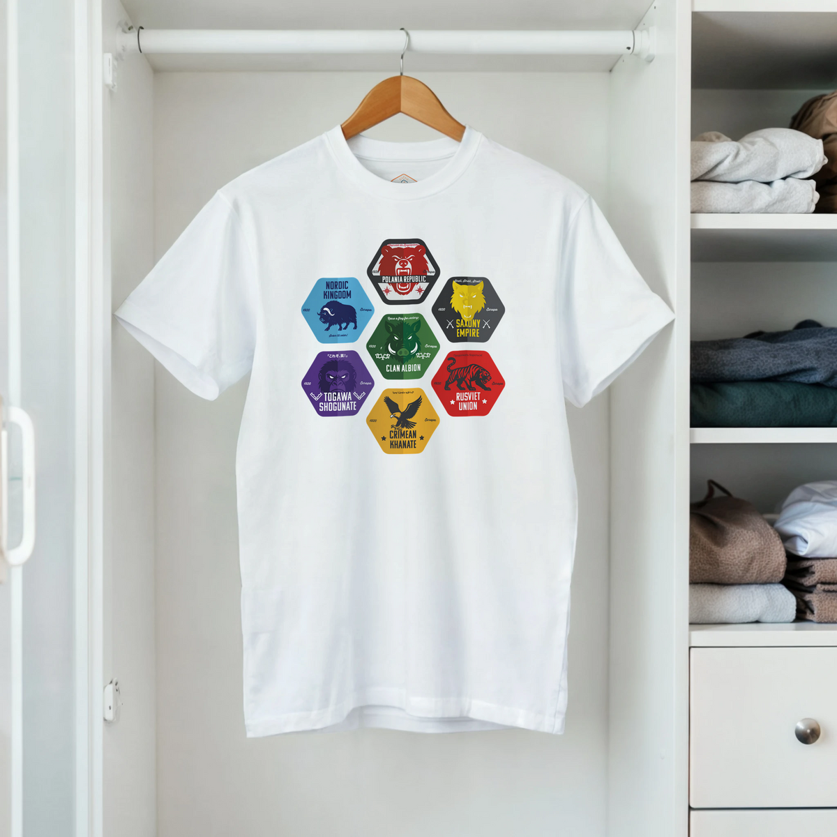 Scythe t-shirt showing all factions from the board game.